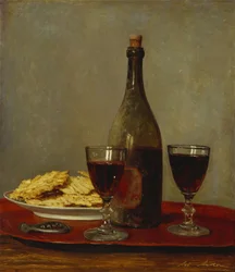 Bodegón con dos copas de vino tinto